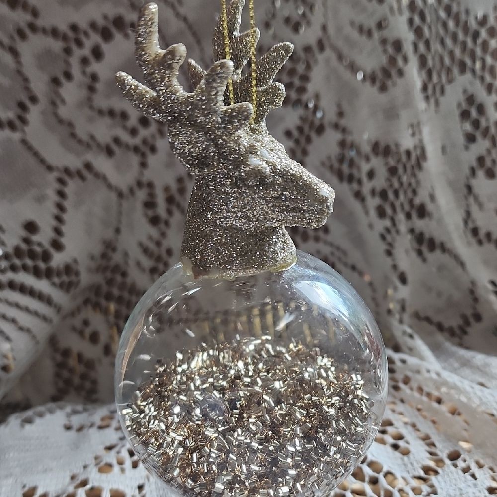 Glittering Gold Reindeer Glass Globe Ornament